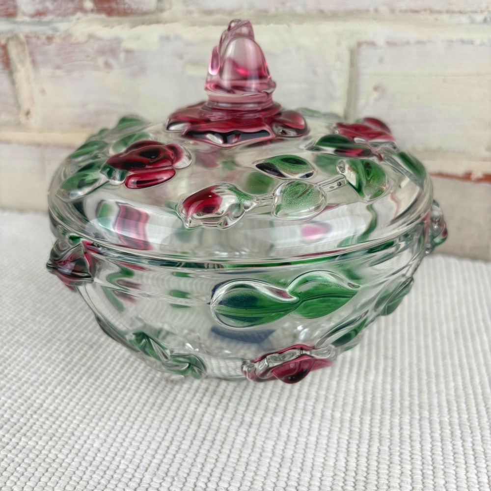 Vintage Mikasa Glass Rose Footed Covered Candy Dish Hand Painted Cottagecore